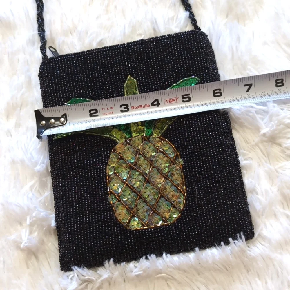 Vintage Y2K Black Beaded Sequin Pineapple Summer Cocktail Mini Crossbody - Picture 7 of 9